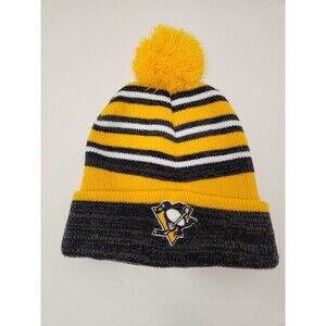 Pittsburgh Penguins Beanie Cap Hat OSFA Striped NHL‎ Hockey Knit Winter Pom Pom